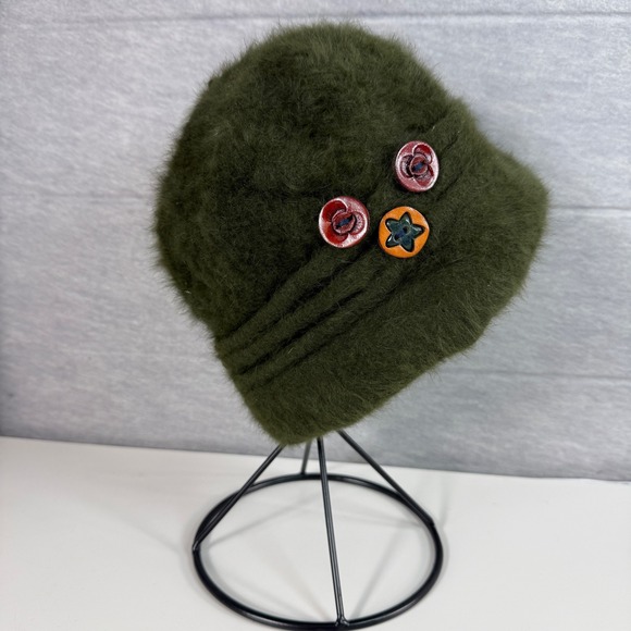 Vintage Angora Blend Fuzzy Cloche Hat Green Button Detail Made Canada Winter